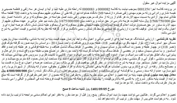 مزایده فروش ششدانگ عرصه اجاره ای اراضی دولتی و اعیان یک واحد آپارتمان