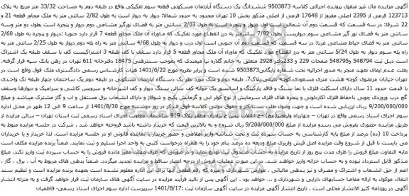 مزایده ششدانگ یک دستگاه آپارتمان مسکونی
