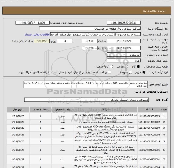 استعلام میز.صندلی.کمد جالباسی فلزی. جاکفشی .ست اداری رومیزی- طبق شرح ومشخصات پیوست بارگذاری شده درسامانه