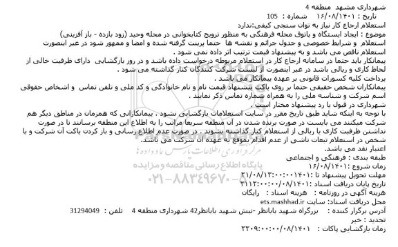 استعلام  ایجاد ایستگاه و پاتوق محله فرهنگی به منظور ترویج کتابخوانی