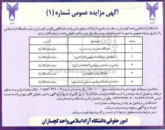 مزایده اجاره 5 مورد از املاک متعلق به این واحد دانشگاهی