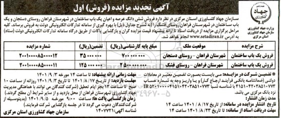 تجدید مزایده فروش ششدانگ عرصه و اعیان دو باب ساختمان