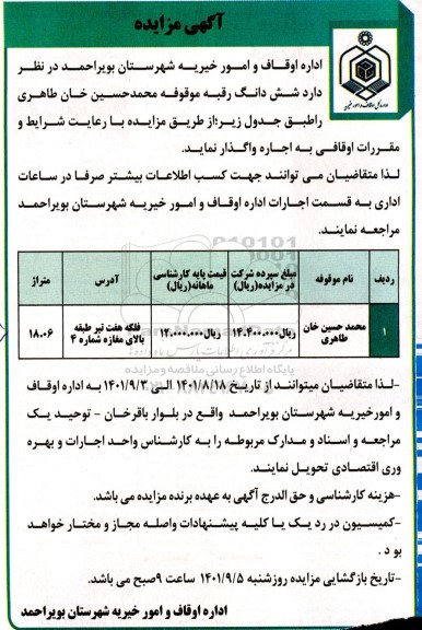 مزایده اجاره ششدانگ رقبه موقوفه 