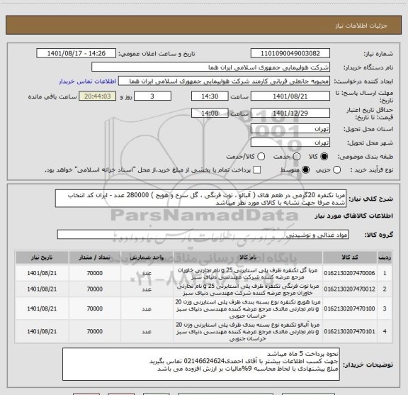 استعلام مربا تکنفره 20گرمی در طعم های ( آلبالو ، توت فرنگی ، گل سرخ و هویج ) 280000 عدد - ایران کد انتخاب شده صرفا جهت تشابه با کالای مورد نظر میباشد