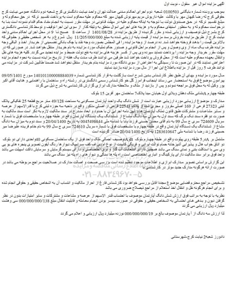 مزایده فروش  شش دانگ یک واحد آپارتمان مسکونی به مساحت 49/128 متر مربع قطعه 25 تفکیکی پلاک ثبتی 27323 فرعی از 169 اصلی مفروز و مجزی شده از پلاک 22543 فرعی از اصلی 