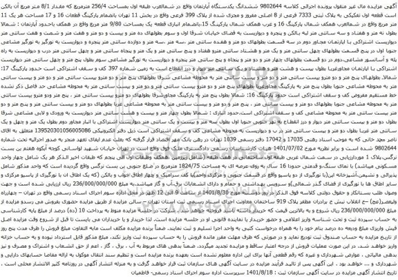 آگهی مزایده ششدانگ یکدستگاه آپارتمان