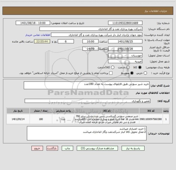 استعلام خرید شیر سوزنی طبق فایلهای پیوست به تعداد 180عدد