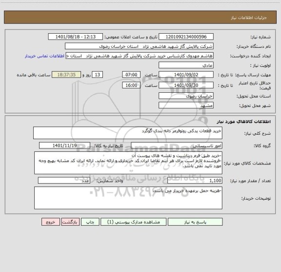 استعلام خرید قطعات یدکی روتوفرمر دانه بندی گوگرد