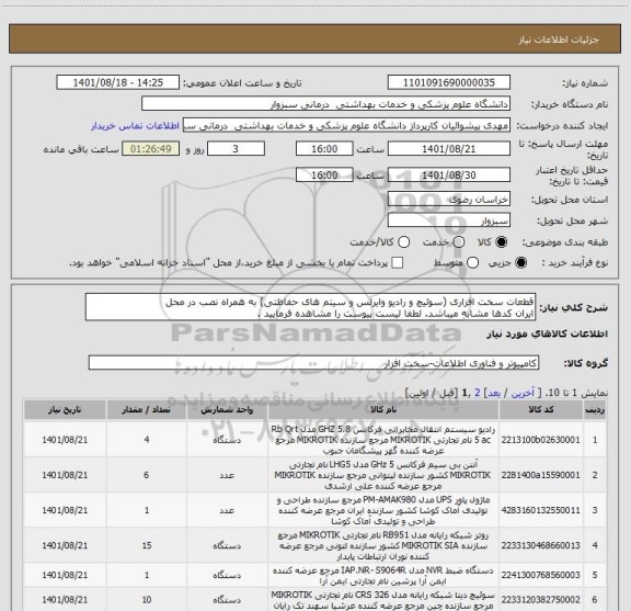 استعلام قطعات سخت افزاری (سوئیچ و رادیو وایرلس و سیتم های حفاظتی) به همراه نصب در محل
ایران کدها مشابه میباشد. لطفا لیست پیوست را مشاهده فرمایید .