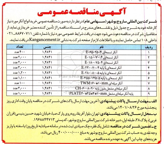 مناقصه خرید انواع آنکر