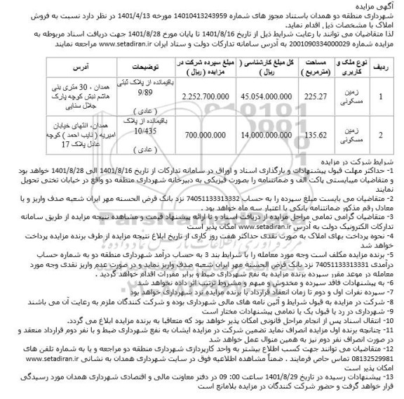 مزایده فروش املاک کاربری مسکونی 225.27 و 135.62 مترمربع