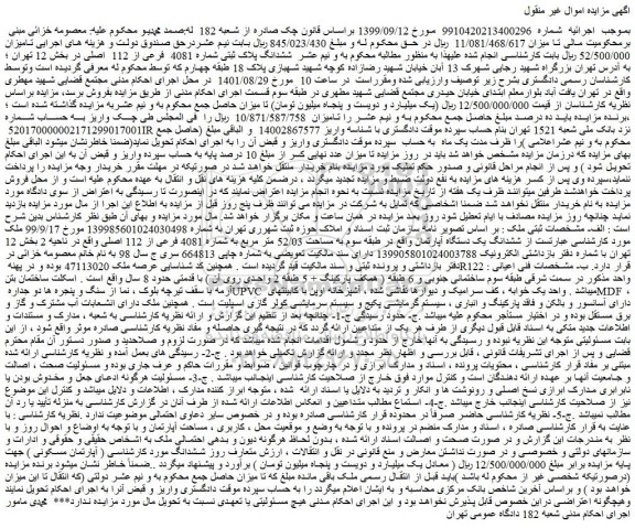 مزایده فروش ششدانگ یک دستگاه آپارتمان