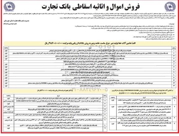 مزایده فروش اموال و اثاثیه اسقاطی بانک تجارت