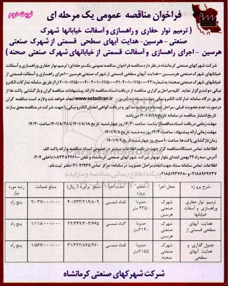 فراخوان مناقصه (ترمیم نوار حفاری و راهسازی و آسفالت خیابان های شهرک صنعتی ....- نوبت دوم