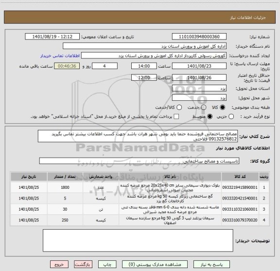 استعلام مصالح ساختمانی فروشنده حتما باید بومی شهر هرات باشد جهت کسب اطلاعات بیشتر تماس بگیرید 09132576812 فلاحتی