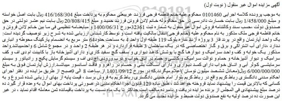 مزایده فروش یک واحد آپارتمان 