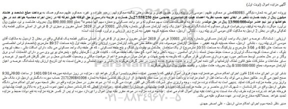 مزایده فروش ششدانگ عرصه و اعیان یک واحد آپارتمان مسکونی بشماره پلاک ثبتی 33001 فرعی از 2619 اصلی مفروز و مجزی از 6 فرعی از اصلی