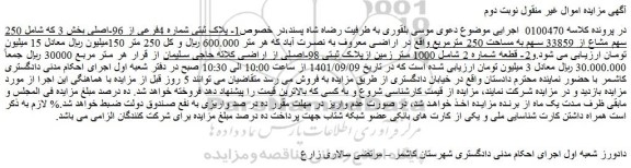 مزایده فروش 1- پلاک ثبتی شماره 4فرعی از 96-اصلی بخش 3 که شامل 250 سهم مشاع از 33859 سهم به مساحت 250 مترمربع