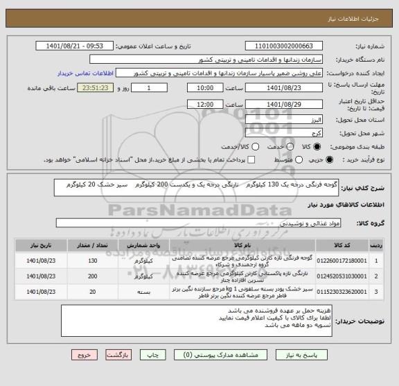 استعلام گوجه فرنگی درجه یک 130 کیلوگرم    نارنگی درجه یک و یکدست 200 کیلوگرم    سیر خشک 20 کیلوگرم