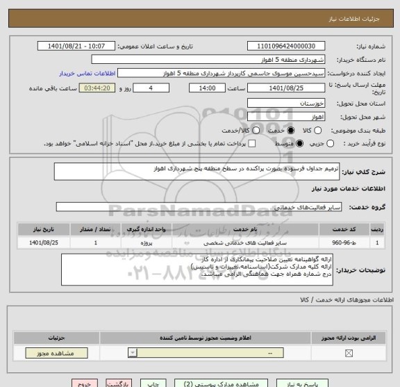 استعلام ترمیم جداول فرسوده بصورت پراکنده در سطح منطقه پنج شهرداری اهواز
