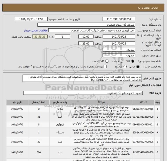 استعلام خرید پمپ-لوله-والو-تفلون-فلنج-پیچ و مهره و واشر طبق مشخصات فرم استعلام بهای پیوست-آقای غفرانی کارشناس فنی واحد متقاضی  09133681797