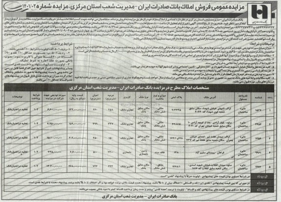 مزایده فروش تعدادی از املاک مازاد