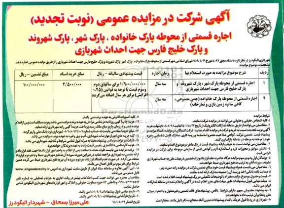مزایده اجاره قسمتی از محوطه پارک....