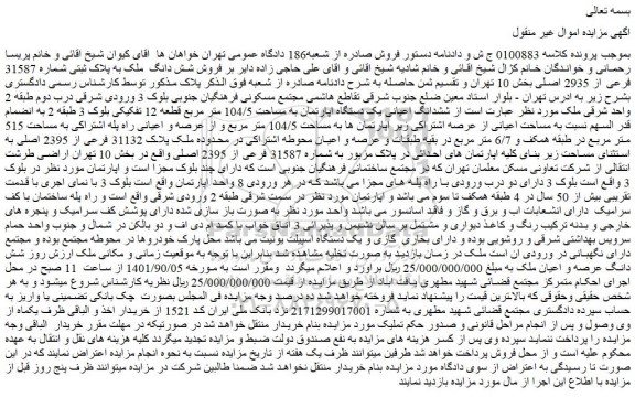 مزایده فروش شش دانگ ملک به پلاک ثبتی شماره 31587 فرعی از 2935 اصلی