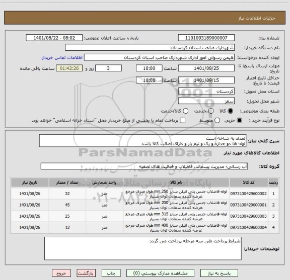 استعلام تعداد به شاخه است 
لوله ها دو جداره و یک و نیم بار و دارای اصالت کالا باشد