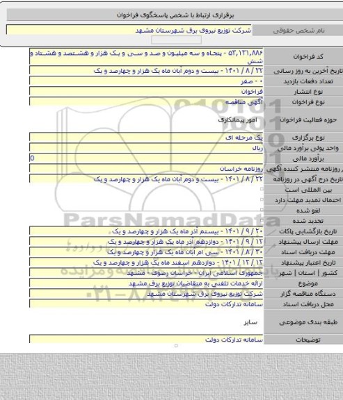 مناقصه, ارائه خدمات تلفنی به متقاضیان توزیع برق مشهد
