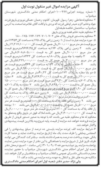 مزایده فروش زمین زراعی پلاک 175 به مساحت کل 17453 متر مربع 