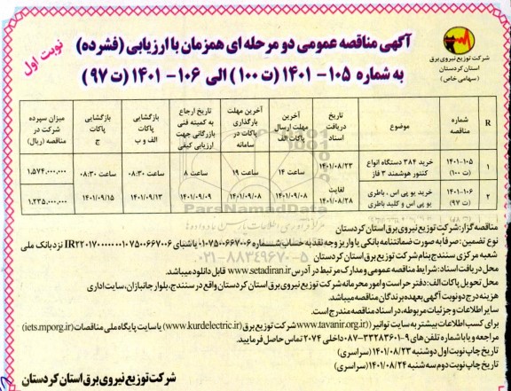 مناقصه خرید 384 دستگاه انواع کنتور هوشمند...
