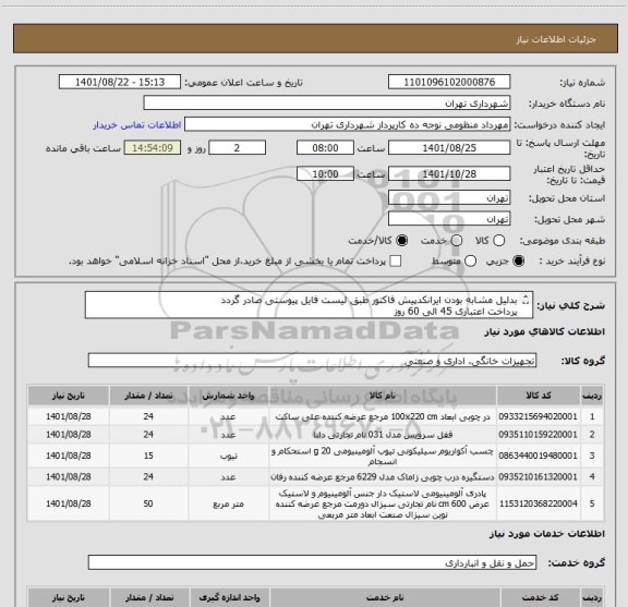 استعلام بدلیل مشابه بودن ایرانکدپیش فاکتور طبق لیست فایل پیوستی صادر گردد
پرداخت اعتباری 45 الی 60 روز
هماهنگی اقای سیفی  ساختمان نواب09123372358