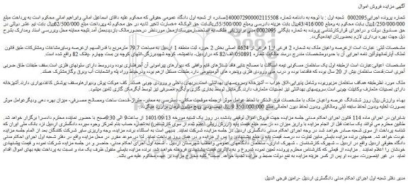 مزایده فروش عرصه واعیان ملک به شماره 2 فرعی از1 فرعی از 4624 اصلی 