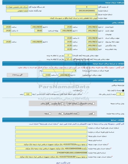 مزایده ، فروش خانه لطفعلی زاده در استان کرمان واقع در شهرستان کرمان -مزایده ساختمان - استان کرمان