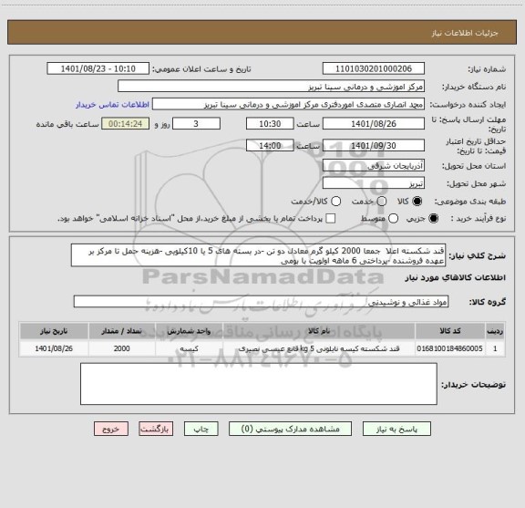 استعلام قند شکسته اعلا  جمعا 2000 کیلو گرم معادل دو تن -در بسته های 5 یا 10کیلویی -هزینه حمل تا مرکز بر عهده فروشنده -پرداختی 6 ماهه اولویت با بومی