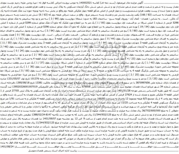 مزایده شش دانگ آپارتمان مسکونی به پلاک ثبتی بیست و هفت هزارو هفتصد و پنج فرعی از یک اصلی