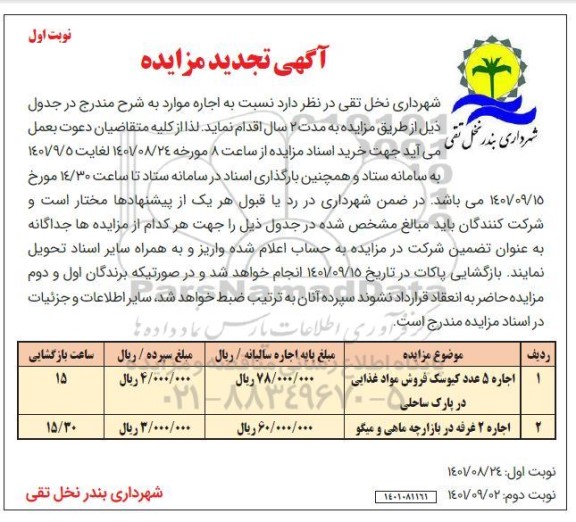 تجدید مزایده اجاره 5 عدد کیوسک فروش مواد غذایی ...