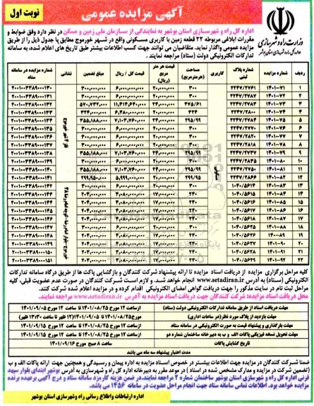 مزایده واگذاری 22 قطعه زمین واقع در شهر ...