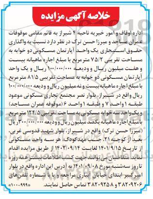 خلاصه مزایده واگذاری حقوق استیجاری یک واحد آپارتمان مسکونی دو خوابه