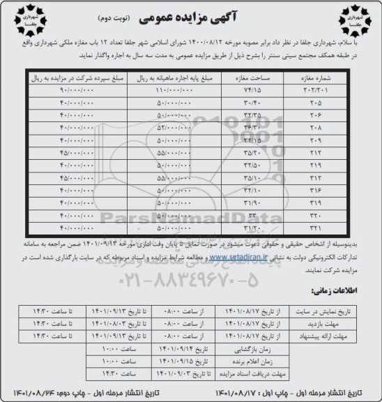 مزایده واگذاری تعداد 12 باب مغازه ملکی - نوبت دوم 