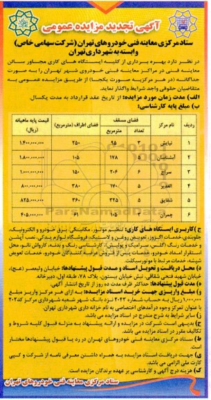مزایده بهره برداری از کلیه ایستگاه های کاری مجاور سالن معاینه فنی ... تجدید