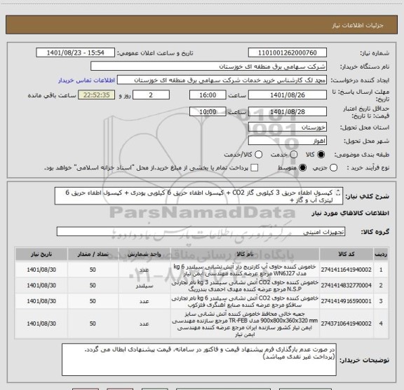 استعلام کپسول اطفاء حریق 3 کیلویی گاز CO2 + کپسول اطفاء حریق 6 کیلویی پودری + کپسول اطفاء حریق 6 لیتری آب و گاز + 
جایگاه نصب کپسول MDF(مطابق پیوست)