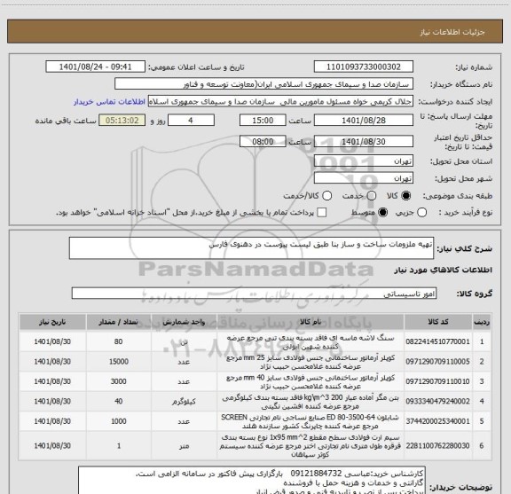 استعلام تهیه ملزومات ساخت و ساز بنا طبق لیست پیوست در دهنوی فارس