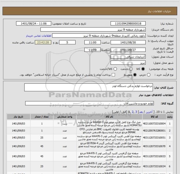 استعلام درخواست لوازم یدکی دستگاه لودر