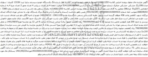 مزایده ششدانگ یکدستگاه خودرو سیستم سایپا تیپ: 131SX کاربری : سواری مدل:1391رنگ مشکی 
