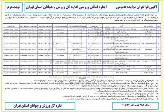 مزایده عمومی اجاره اماکن ورزشی - نوبت دوم