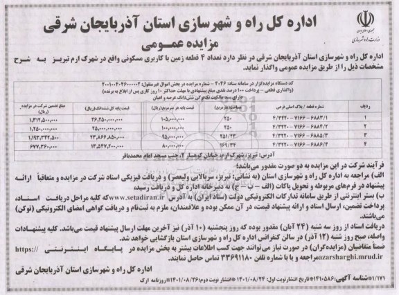 مزایده واگذاری تعداد 4 قطعه زمین با کاربری مسکونی 