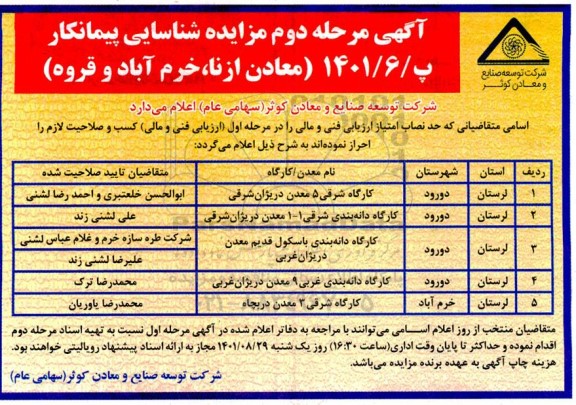 آگهی مرحله دوم مزایده شناسایی پیمانکار معادن 