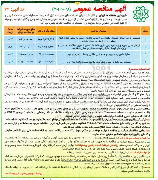 مناقصه عملیات اجرایی احداث، توسعه، نگهداری و لایروبی چاه های جذبی و...